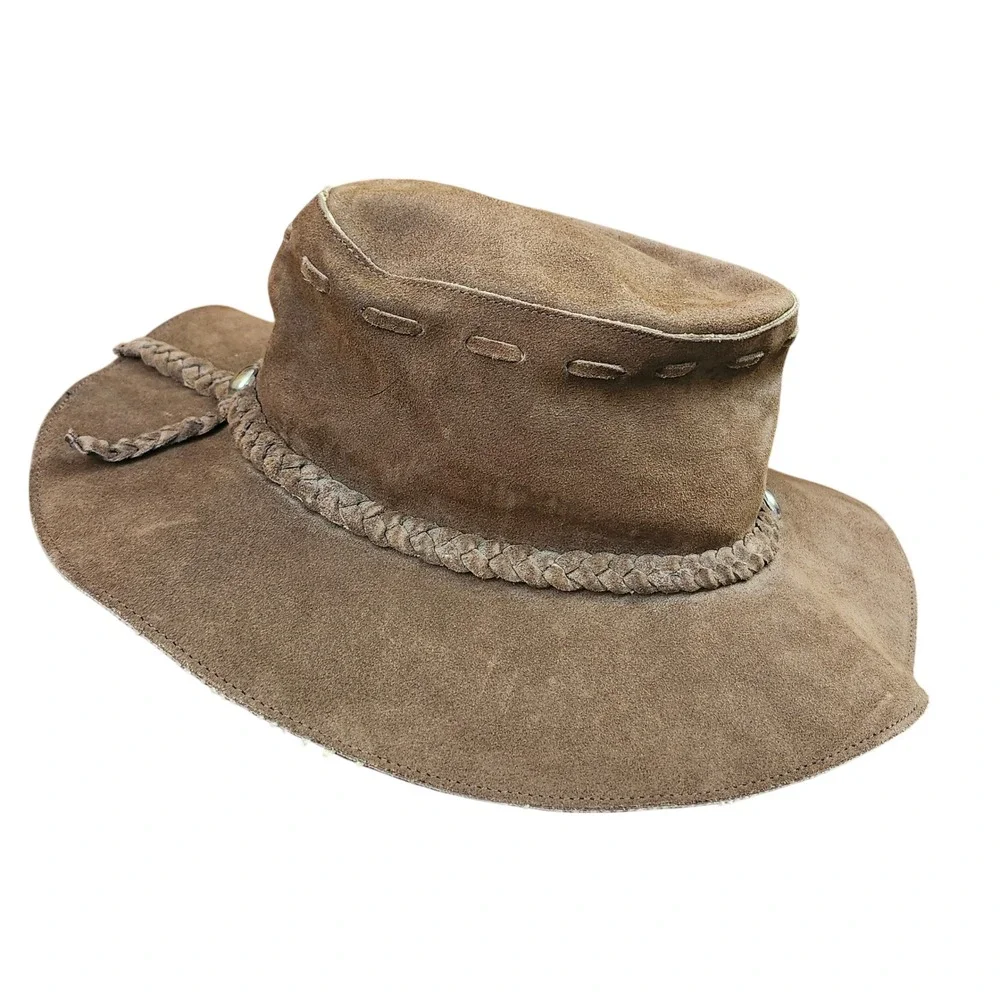 Banana Republic Vtg Klondike Leather Outback‎ Cowboy Hat Braided Band Concho S/M